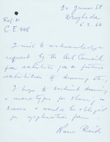Letter from Nano Reid to the Arts Council requesting application form to make a submission.  [Letter reproduced courtesy of the estate of Nano Reid]